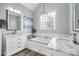 Spa-like bathroom with double vanities, soaking tub and chandelier at 1265 Maddy Ln, Rock Hill, SC 29732