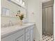 Double vanity bathroom with white cabinets and a shower at 13713 Batemans Rd, Huntersville, NC 28078