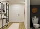 Small bathroom with pedestal sink, dark gray walls, and wood-look circular accent at 13124 Hampton Bay Ln, Charlotte, NC 28262