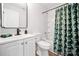 Clean bathroom with white vanity, bathtub, and patterned shower curtain at 311 Drury Dr, Charlotte, NC 28206