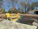 Cozy fire pit area with stone patio and wooden seating at 3720 Fairlane Dr, Gastonia, NC 28056