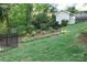 Landscaped backyard featuring a charming shed and lush greenery at 3828 Chandworth Rd, Charlotte, NC 28210
