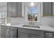 Kitchen features gray cabinets, white quartz countertops, and a farmhouse sink at 841 Deerfield Dr, Mount Holly, NC 28120