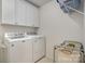 Efficient laundry room with white cabinets and modern washer and dryer units at 9230 Windygap Rd, Charlotte, NC 28278