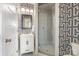 Stylish bathroom with geometric wallpaper and glass shower at 2408 Rozzelles Ferry Rd, Charlotte, NC 28208