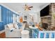 Living room with hardwood floors, stone fireplace, and blue accent wall at 2408 Rozzelles Ferry Rd, Charlotte, NC 28208