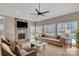 Spacious living room featuring a stone fireplace and ample natural light at 4025 Weddington Manor Ct, Matthews, NC 28104