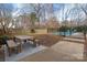 Backyard with dining furniture and a fenced-in pool in a spacious yard at 523 Fence Post Ln, Matthews, NC 28105