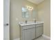 Bathroom featuring a double vanity with gray cabinets, modern fixtures, and a granite countertop at 6615 Love Mill Rd, Monroe, NC 28110