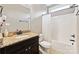 Full bathroom featuring a shower-tub combo, tile floors, and a granite countertop vanity at 829 Palmetto Bay Dr, Fort Mill, SC 29715