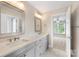 Modern bathroom with double vanity and gray cabinets at 4120 St Timms Ct, Charlotte, NC 28226