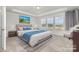 Staged main bedroom featuring white bedding, blue accents, rug, and lots of natural light at 545 Shallowford Dr, Rock Hill, SC 29732