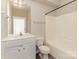 Clean bathroom offers a single sink vanity and combined tub and shower at 14967 Santa Lucia Dr, Charlotte, NC 28277
