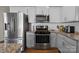 Close up of kitchen featuring stainless steel appliances, granite countertops, and white subway tile backsplash at 9142 Mackinaw Dr, Gastonia, NC 28056
