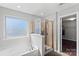 Bathroom with shower, tub, and walk-in closet at 13303 Hyperion Hills Ln, Charlotte, NC 28278