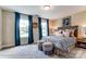 Charming bedroom featuring two windows with blue curtains, a Route 66 sign, and tasteful decor at 136 Longwood Rd # 47, Mooresville, NC 28115