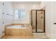 Bathroom with garden tub, walk-in shower, and beige tile at 2008 Fallondale Rd, Waxhaw, NC 28173