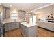 Modern kitchen featuring gray cabinets, quartz countertops, and an island that opens to the living room at 532 Scaleybark Rd, Charlotte, NC 28209