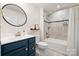 Clean bathroom with navy blue vanity and walk-in shower at 9706 Hamel St, Charlotte, NC 28215