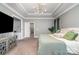 Relaxing main bedroom featuring a decorative tray ceiling, luxurious bedding, and neutral paint at 14018 Promenade Dr, Huntersville, NC 28078