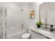 Clean bathroom featuring a shower/tub combination, granite countertops, toilet, and vanity at 5615 Howard St, Charlotte, NC 28269