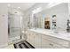 Elegant bathroom with double vanity, walk-in shower, and large mirror at 6297 Raven Rock Dr, Denver, NC 28037