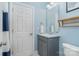 Clean bathroom with gray vanity, white countertop, and blue walls at 9929 Allyson Park Dr, Charlotte, NC 28277