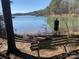 Scenic lake view with bench and dock in distance at 100 S Centurion Ln, Mount Holly, NC 28120