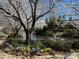 Scenic pond view with flowering trees, fountain, and colorful flower bed in a charming community at 8355 Olde Troon Dr, Charlotte, NC 28277