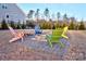 Charming fire pit area with colorful adirondack chairs at 16303 Cozy Cove Rd, Charlotte, NC 28278