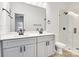 Modern bathroom with double vanity, gray cabinets, and a large walk-in shower at 335 Pinewood Ln, Rock Hill, SC 29730