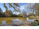 Serene pond view with autumn trees and homes in background at 4902 Spring Lake Dr # E, Charlotte, NC 28212