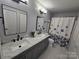 A modern bathroom with double sinks, sleek gray cabinetry, and contemporary fixtures at 10904 Pimlico Dr, Charlotte, NC 28273