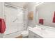 Clean bathroom featuring a shower/tub combo and modern vanity at 15214 Mccomb Manor Ct, Charlotte, NC 28277