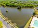 Scenic aerial view of a lake surrounded by lush greenery, walking trails, and a community swimming pool at 11006 Knight Castle Dr, Charlotte, NC 28277