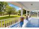Inviting front porch with a blue painted floor and white railings at 6037 Pleasant Grove Rd, Charlotte, NC 28216