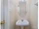 Small half bathroom with pedestal sink and oval mirror at 7117 Flying Scotsman Dr, Charlotte, NC 28213