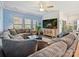 Comfortable living room with large sectional sofa, ceiling fan, and mounted television at 7522 Porrera St, Charlotte, NC 28214
