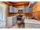 Modern galley kitchen with gray cabinets, stainless steel appliances, and wood accents at 1505 S Ridge Ave, Kannapolis, NC 28083