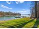 Lake Norman waterfront with lush green lawn and private dock under a sunny sky at 125 Chestnut Tree Rd, Mooresville, NC 28117