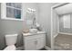 Modern bathroom with white vanity and vessel sink at 7117 W Sugar Creek Rd, Charlotte, NC 28269