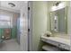 Bathroom featuring tiled shower, vanity area, and green accents at 13031 Westmoreland Farm Rd, Davidson, NC 28036