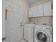 Clean laundry room featuring a washer, dryer and white cabinets at 10015 Lattice Ct, Charlotte, NC 28269