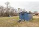 Backyard with green grass and blue storage shed with small ramp at 1221 S Myrtle School Rd, Gastonia, NC 28052