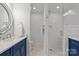 Modern bathroom featuring blue cabinets, white countertops, and a glass-enclosed shower at 4334 Silo Ln, Charlotte, NC 28226