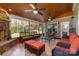 Relaxing screened porch with stone fireplace and comfortable seating at 13618 Pacific Echo Dr, Charlotte, NC 28277