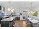 Modern kitchen with white and dark blue cabinets, quartz countertops, and island at 2549 Vail Ave, Charlotte, NC 28207