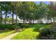 Lush backyard with manicured lawn, mature trees, and a stone walkway leading to the lake at 155 Union Chapel Dr, Mooresville, NC 28117