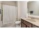 Clean bathroom with granite vanity, shower/tub combo and neutral tile at 5220 Admirals Lndg, Lancaster, SC 29720