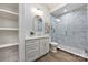 Bathroom featuring a glass-enclosed shower and white vanity with sink and storage shelves at 3319 Gresham Pl, Charlotte, NC 28211